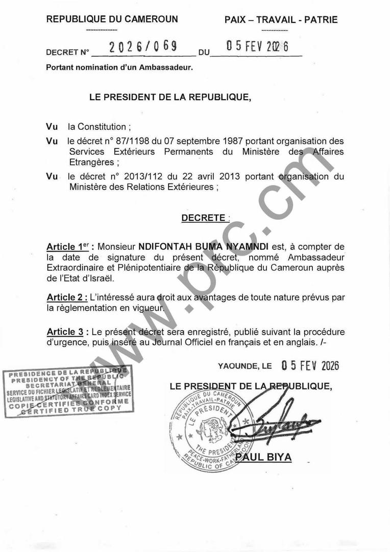 Paul Biya nomme un nouvel ambassadeur en Israël en remplacement de Biyiti Bi Essam